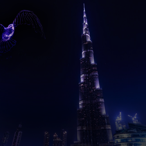 AI drone shows in Dubai lighting up the skyline with synchronized drone formations.