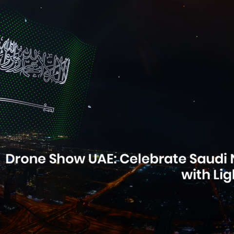 Drone Show UAE Saudi National Day drone light show with Saudi flag and cultural symbols in the night sky.