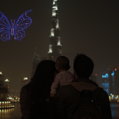 Family watching a drone light show in Dubai at night