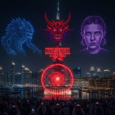 Stranger things themed drone light show over the Dubai skyline