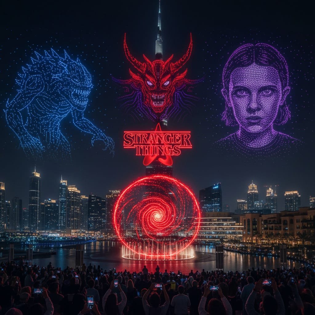 Stranger things themed drone light show over the Dubai skyline