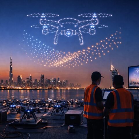 Behind the scene drone show setup